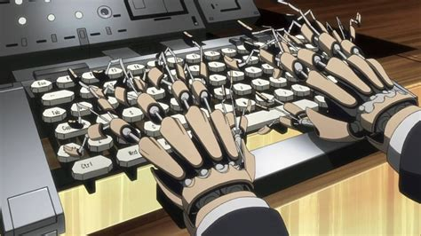 A mechanical hand splits fingers into multiple smaller fingers in a 80s cyberpunk style. The original is from "ghost in the shell" OAV. Cheers
